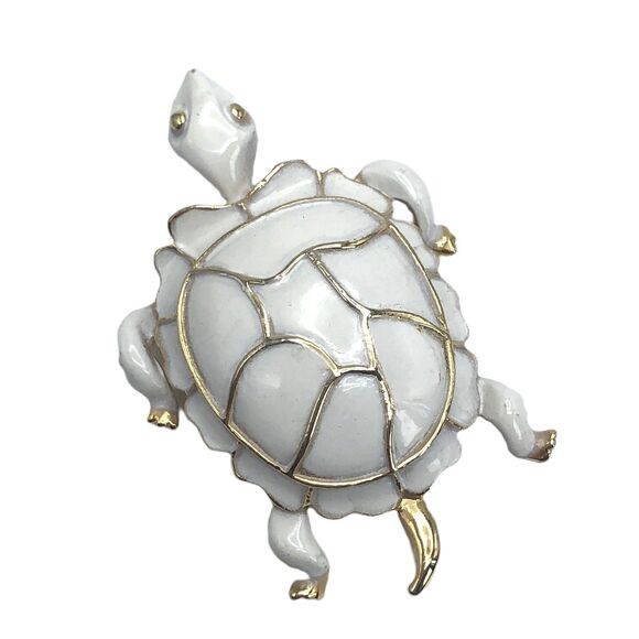 Vintage Turtle Enameled Brooch Pin White Gold 2 Inch - Picture 1 of 3